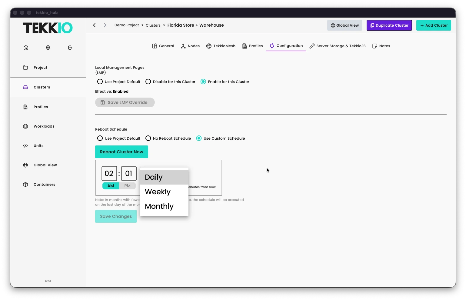 TekkioHub Reboot Schedule for Clusters